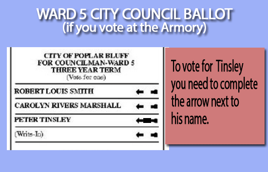 You are ONLY allowed to vote for ONE candidate from Ward 5. To vote for Tinsley, complete the arrow beside his name.