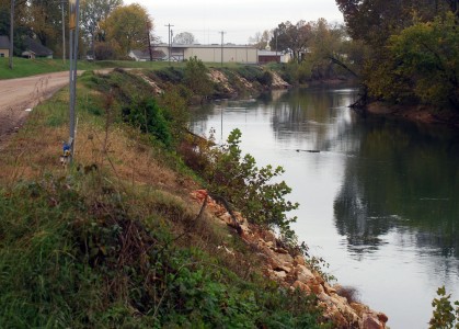 Almost a third of a mile of the river bank has been denuded of trees (looking upstream along Black River from the intersection of Saxon and Ashcroft streets, Schaller Hardwood’s building can be seen in the background)