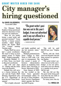 From the front page, above the fold, of the DAR on September 5, 2914: City Manager's Hiring Questioned