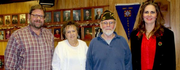 VFW Post Commander John Holland and Betty Gilmore, chairwoman for the Ladies Auxiliary Patriot’s Pen contest, present [left] Craig Hamilton and [right] Gail Rosmarin with plaques.