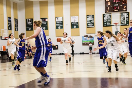 Shyla Brisher (#3) charging down the court during WBA’s Homecoming game (Photo by Logan Harding)