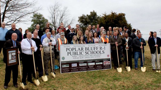 School administrators, students, project officials and community leaders gather to celebrate the groundbreaking. Holding shovels (from left) are Superintendent Chris Hon; PBJHS Principal Bob Case; architect Brett Dille; school board members Gary Simmons, Steve Sells, Dr. Cynthia Brown and Kent Eyler; and architect Ben Traxel.