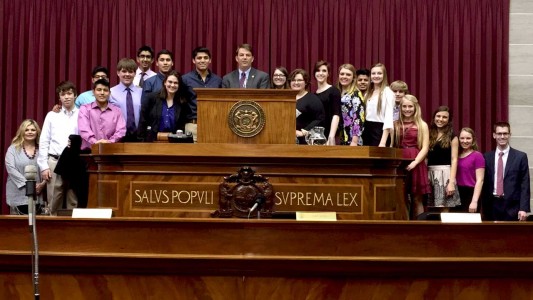 The TARS club poses with Rep. Todd Richardson of Poplar Bluff, the House majority leader. Students (listed in alphabetical order, not the order in which they appear) include Emma Cooper, Dustin Cook, Ethan Glick, Jamie Hobbs, Stephanie Hobbs, Olivia Hurst, Hannah Keith, Kaetlin Lamberson, Adeesh Mishra, Alexis Reyes-Mortero, Jose Reyes-Mortero, Abby Odom, Keyleigh Schalk, Ben Soeter, Madalyn Southards, Jose Ventura, Juan Ventura and Jesus Zavala.