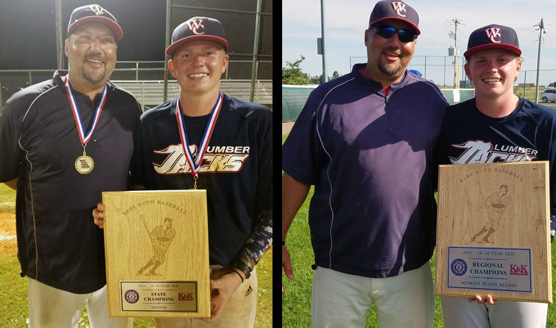 Coach Jeff Null and Ben Becker. On the left, Becker is holding the State Champions award and on the right he's holding the Regional Champions award.